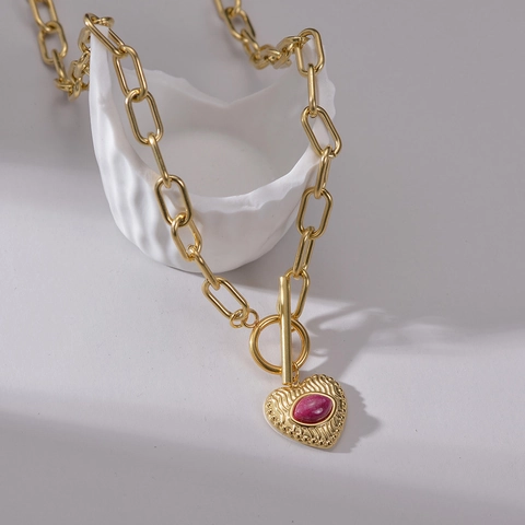 Edelstahl Herz Anhänger Halskette 14K Vergoldet OT Verschluss Büroklammer Kette Rosa Stein Vintage Schmuck Damen