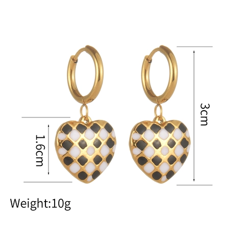 Edelstahl Herz Anhänger Creolen Schwarz Weiß Schachbrettmuster Retro Nische Stil Schmuck Für Damen