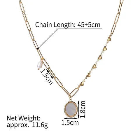 Collier Chaîne Asymétrique Trombone Coeur Vintage Français Acier Inoxydable Plaqué Or Pendentif Nacre Et Künstliche Perle
