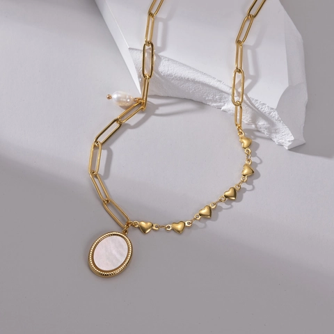 Collier Chaîne Asymétrique Trombone Coeur Vintage Français Acier Inoxydable Plaqué Or Pendentif Nacre Et Künstliche Perle