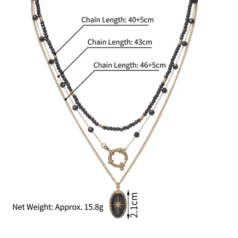 Lagenkette Für Damen 14K Vergoldet Edelstahl Schwarze Perlen Sternschliff Ovaler Anhänger Vintage Boho Stil