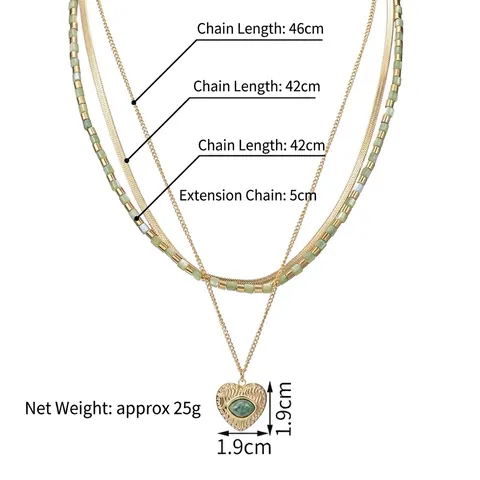 Collana A Strati Acciaio Inossidabile Placcatura Oro 14K Ciondolo Cuore Pietra Verde Catena Serpente Perline Retro Donna
