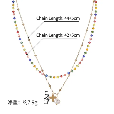 Collana A Doppio Strato Retro Francese Acciaio Inossidabile Placcato Oro 14K Perline Colorate Pendente Croce E Perla Artificial Catena Da Clavicola Bohémien Per Donna