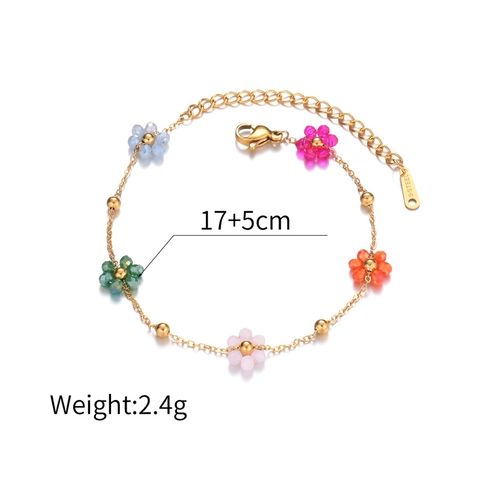 Flower Bracelet Necklace For Women Stainless Steel Gold Plated Colorful Crystal Beads Adjustable Sweet Minimalist Accessories