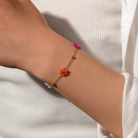 Flower Bracelet Necklace For Women Stainless Steel Gold Plated Colorful Crystal Beads Adjustable Sweet Minimalist Accessories