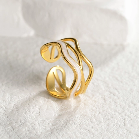 Wave Open Ring Stainless Steel Gold Plated White Enamel Geometric Multi-layer Adjustable Minimalist Jewelry For Women
