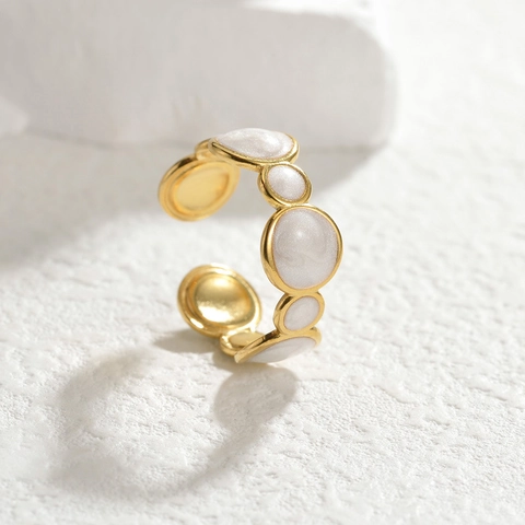 Stainless Steel Open Adjustable Ring Gold Plated Geometric Circle Shell Texture Inlay Minimalist Fashion Jewelry Women