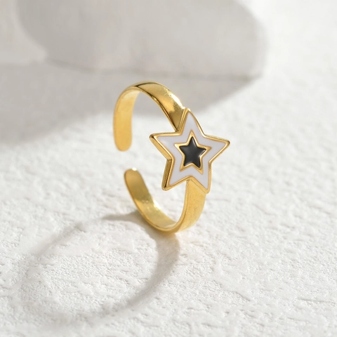 Anello Aperto Stella Acciaio Inossidabile Placcato Oro Doppio Strato Smalto Nero Bianco Fascia Regolabile Gioielli Minimal