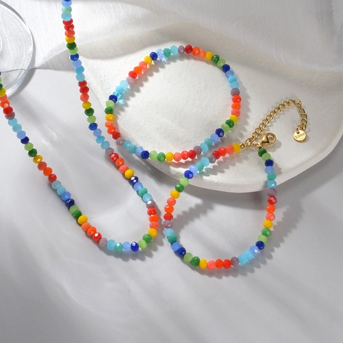 Faceted Colorful Beaded Necklace And Bracelet Stainless Steel Rainbow Jewelry Boho Style For Women