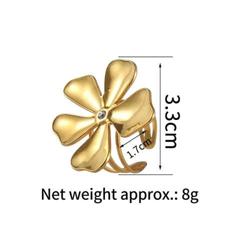 Bague Fleur Acier Inoxydable Zircon Centre Pétales En Forme De Cœur Anneau Ouvert Réglable Bijoux Pour Femmes