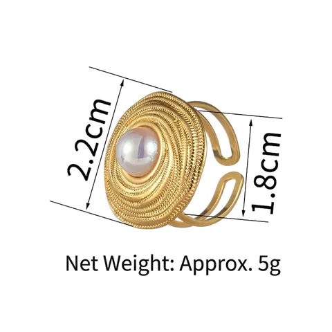 Vintage Edelstahl Offener Ring Damen Vergoldet Runde Spiralstruktur Künstliche Perle Einlage Verstellbarer Schmuck