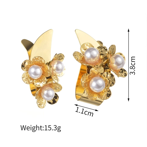 Orecchini A Goccia Fiore Acciaio Inossidabile Perla Artificial Sintetica Placcato Oro Texture Martellata Gioielli Eleganti Per Donne