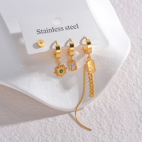 Boucles D'oreilles En Acier Inoxydable Plaqué Or Pour Femmes Étoile Tournesol Zircon Longue Chaîne Bijoux Géométriques