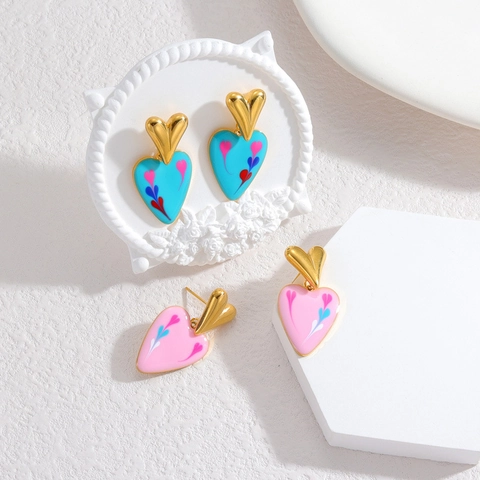 Pendientes Colgantes De Corazón Con Poste De Acero Inoxidable Patrón Pintado Esmalte Joyería De Moda Para Mujeres