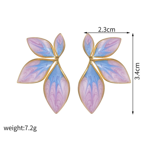 Stainless Steel Flower Leaf Stud Earrings With Gradient Enamel Petal Design Fashion Jewelry For Women