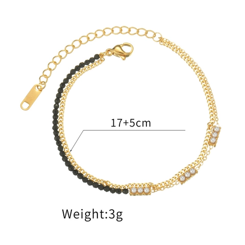 Pulsera De Doble Capa De Acero Inoxidable Con Cuentas Negras Y Perlas Artificiales Blancas Joyería Chapada En Oro Para Mujer