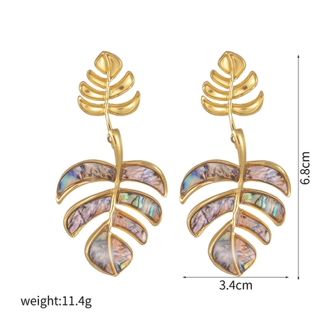 Monstera Leaf Starfish Dangle Earrings Gold Plated Stainless Steel With Iridescent Abalone Shell Tropical Ocean Style For Women