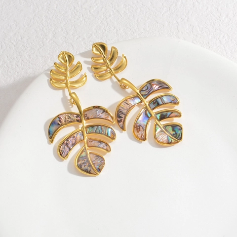 Monstera Leaf Starfish Dangle Earrings Gold Plated Stainless Steel With Iridescent Abalone Shell Tropical Ocean Style For Women