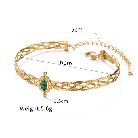 Vintage Malachite Green Stone Adjustable Bangle Bracelet Women Stainless Steel 18K Gold Plated Woven Twisted Line Retro