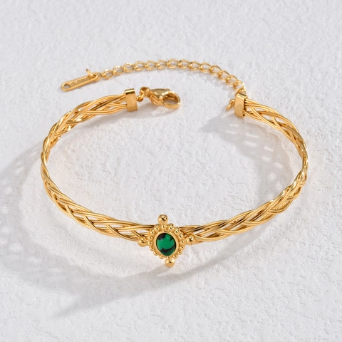 Brazalete Ajustable Piedra Malaquita Verde Vintage Mujer Acero Inoxidable Chapado Oro 18K Línea Tejida Torsada Retro