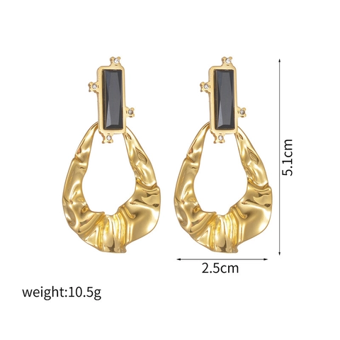 Vintage Stainless Steel Earrings Gold Plated Irregular Hammered Teardrop Hoop Rectangular Black Resin Stone Jewelry For Women