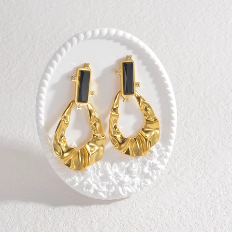 Vintage Stainless Steel Earrings Gold Plated Irregular Hammered Teardrop Hoop Rectangular Black Resin Stone Jewelry For Women