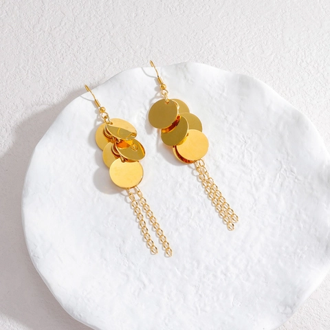 Stainless Steel Tassel Chain Dangle Earrings Round Disc Layered Minimalist Elegant Jewelry Accessories For Women