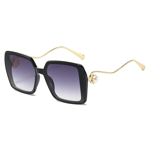 Gafas de Sol Cuadradas Oversize para Mujer Vintage Patillas Onduladas de Metal Decoración Perla de Imitación Lente Degradada Protección UV