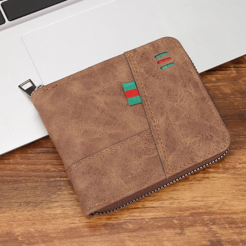 Mens Zipper Wallet Retro PVC Leather Multi Card Slot RFID Blocking Compact Short Purse With Webbing Decoration