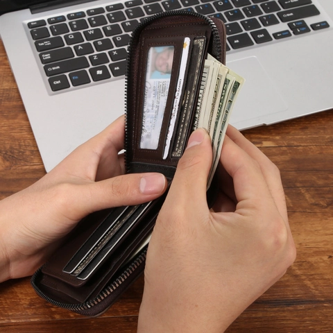 Mens Zipper Wallet Retro PVC Leather Multi Card Slot RFID Blocking Compact Short Purse With Webbing Decoration