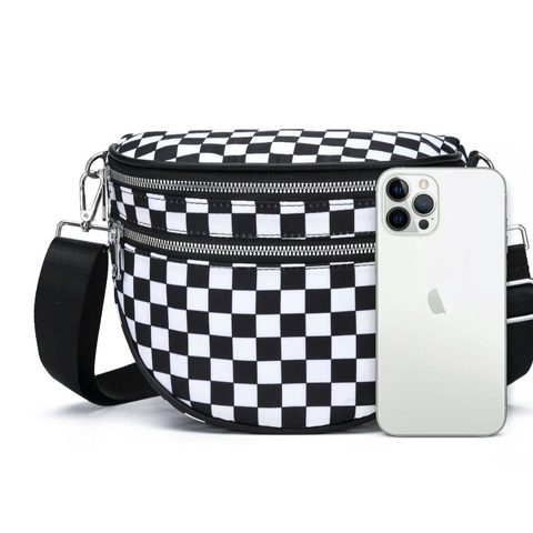 Borsa A Tracolla A Scacchi Donne Tela Borsa Da Petto Doppia Cerniera Tracolla Regolabile Streetwear Casual Versatile