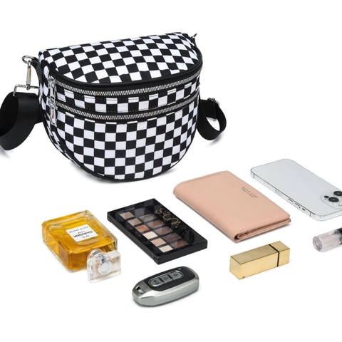 Borsa A Tracolla A Scacchi Donne Tela Borsa Da Petto Doppia Cerniera Tracolla Regolabile Streetwear Casual Versatile
