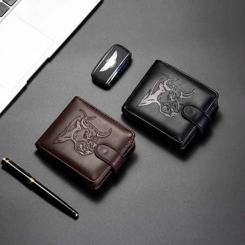 Cartera De Hombre Cuero PU Relieve Cabeza De Toro Cierre A Presión Gran Capacidad Business Retro Portatarjetas