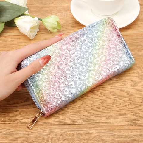 Lange Damen Geldbörse Mit Reißverschluss Leopardenmuster Glitzer PU-Leder Großes Fassungsvermögen Handyfach Clutch
