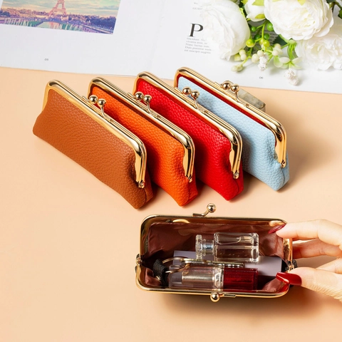 Portamonete Vintage Kiss Lock Donne Grana Lychee Pelle PU Mini Borsa Porta Rossetto Portafoglio Portatile Oro