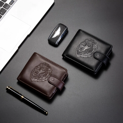 Men Bifold Wallet PU Leather Lion Head Embossed Business Retro Multi Card Slots Buckle Closure