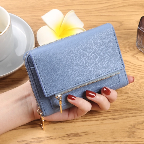 Women Short Wallet PU Leather Litchi Grain Zip Pocket Multi Card Slots Minimalist Fashion Bifold Purse
