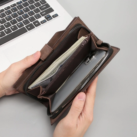 Herren Geldbörse Lang Mattiertes PU Leder Große Kapazität Reißverschluss Handtasche Handy Tasche Business Vintage