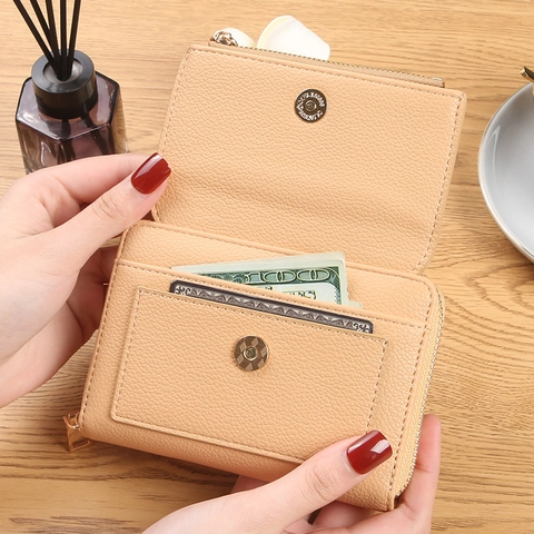 Women Short Wallet PU Leather Litchi Grain Zip Pocket Multi Card Slots Minimalist Fashion Bifold Purse