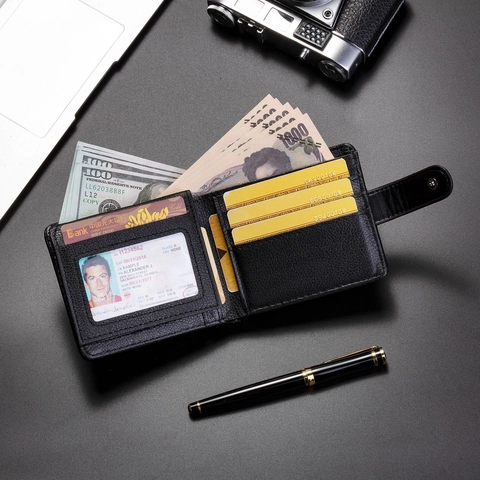 Men Bifold Wallet PU Leather Lion Head Embossed Business Retro Multi Card Slots Buckle Closure