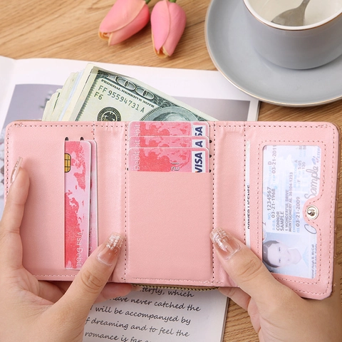 Women Quilted Heart Embroidery Short Wallet PU Leather Zipper Coin Purse With Wristlet Strap Multi Card Slot