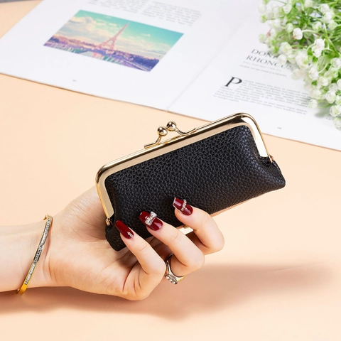 Petit Porte-Monnaie Vintage À Fermoir Kiss-Lock En Cuir PU Grainé Portefeuille Rétro Sac De Rangement Pour Rouge À Lèvres Pour Femmes