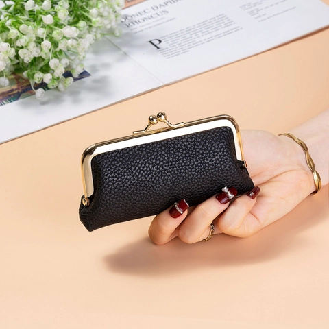 Vintage Kiss Lock Coin Purse Women Lychee Grain PU Leather Mini Lipstick Storage Bag Portable Wallet With Gold Hardware