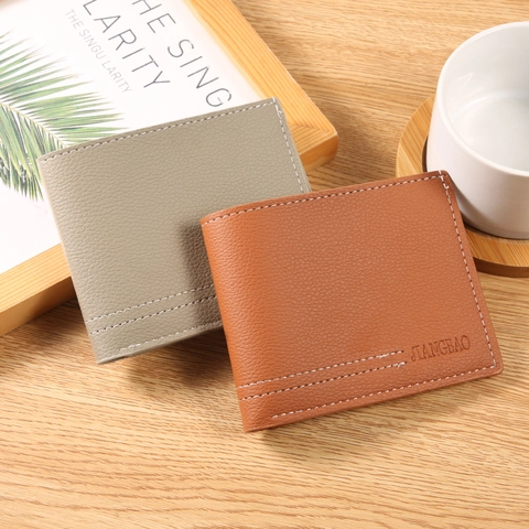 Cartera de Hombre Casual con Patrón de Lichi en PVC de Dos Pliegues Con Costuras de Contraste Portatarjetas Minimalista para Uso Diario y de Negocios