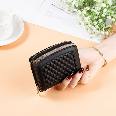 Women Short Wallet PU Leather Quilted Diamond Pattern Zipper Coin Purse Multi Card Slots Mini Pocket Chic Handbag
