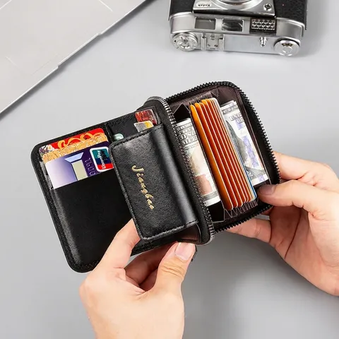 Men Card Holder Accordion Style Multi Slot Wallet Zipper Closure Litchi Texture PU Leather Business Retro Minimalist Purse