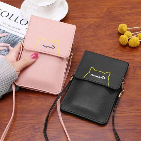 Sac De Téléphone Portable Mini Bandoulière Femme Cuir PU Fenêtre Tactile Oreille De Chat Sac À Épaule