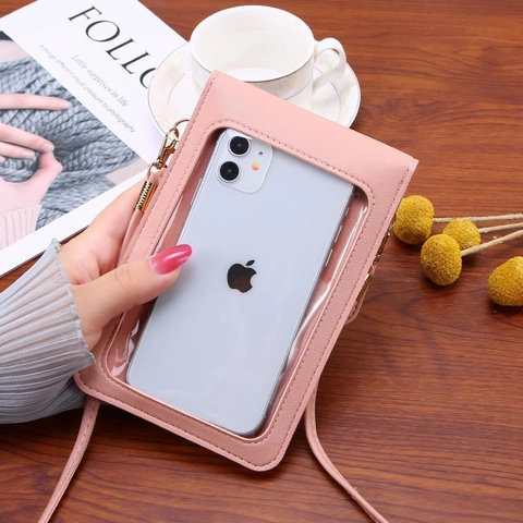 Bolso Bandolera Para Teléfono Mujer Cuero PU Ventana Táctil Orejas De Gato Lindo Mini Bolso De Hombro Ranuras Para Tarjetas