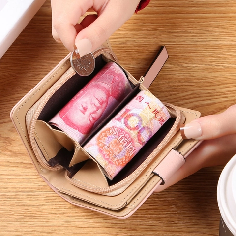 Women Small Bifold Wallet PU Leather Hollow Leaf Design Fashion Short Card Holder With Metal Pendant Zipper Coin Purse