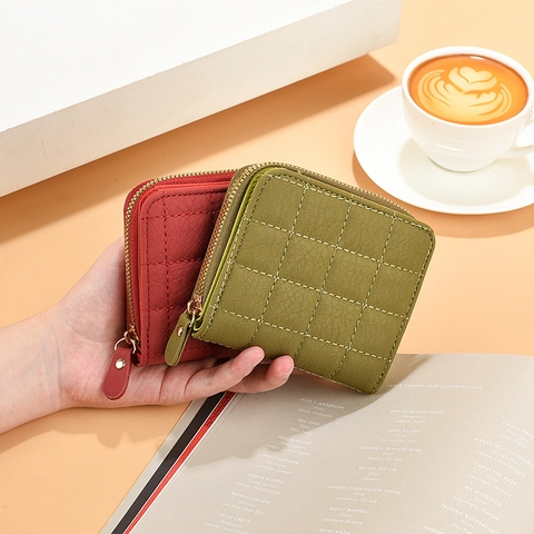 Cartera Corta Mujer Cuero PU Diseño Rejilla Acolchado Cierre Cremallera Compacta Portátil Ranuras Tarjetas Monedero Simple